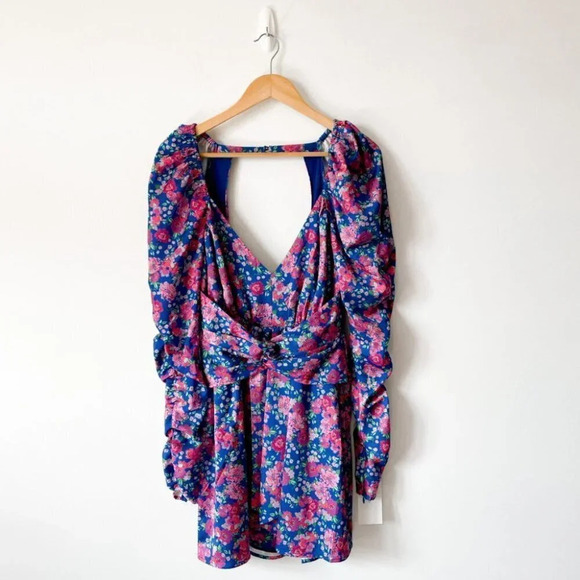 For Love & Lemons Puff Sleeve Open Back Annie Mini Dress Blue Pink Floral Sz S - Picture 7 of 14